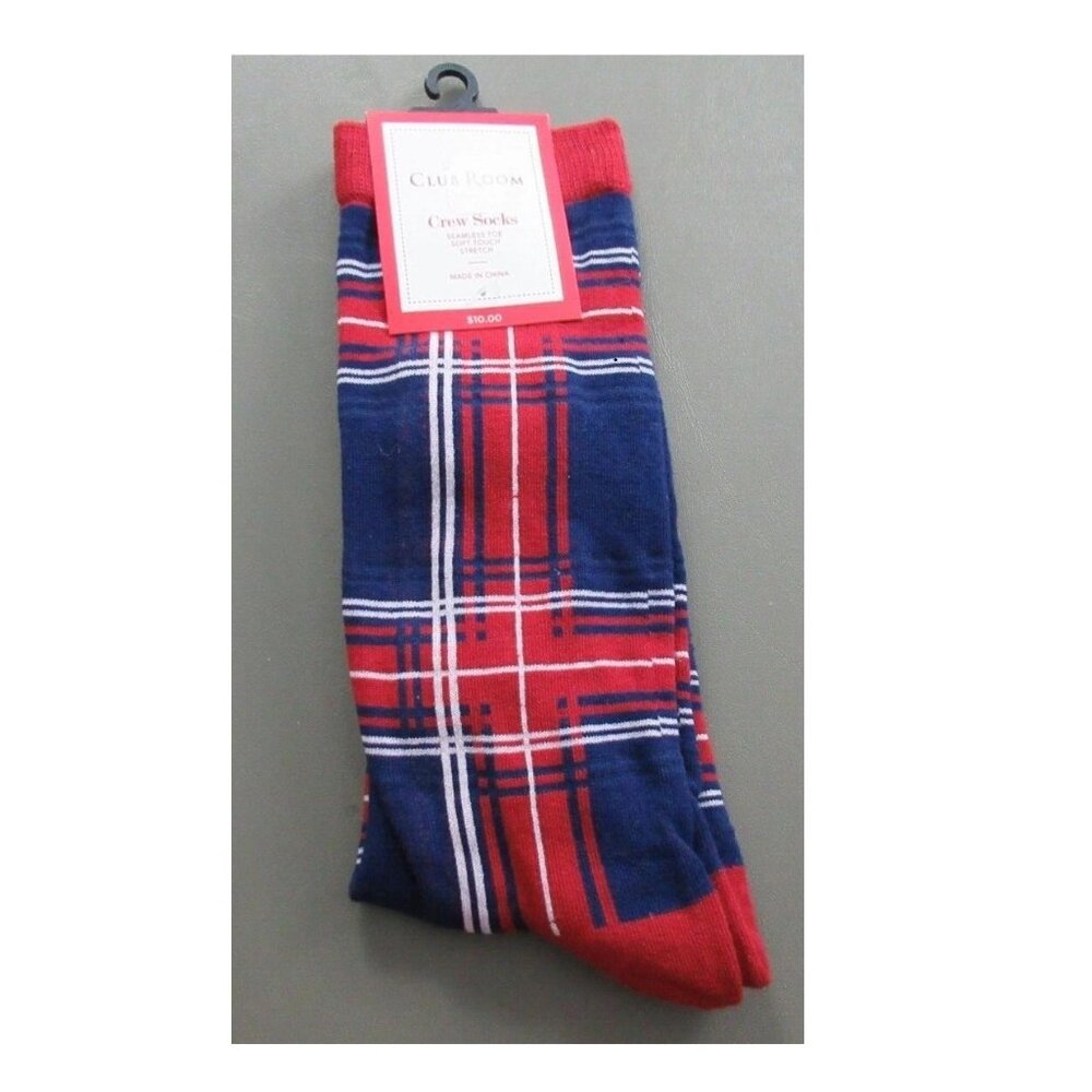 Club Room Men's 1-Pair Holiday Crew Socks, Blue Red Plaid, Shoe Size 7-12